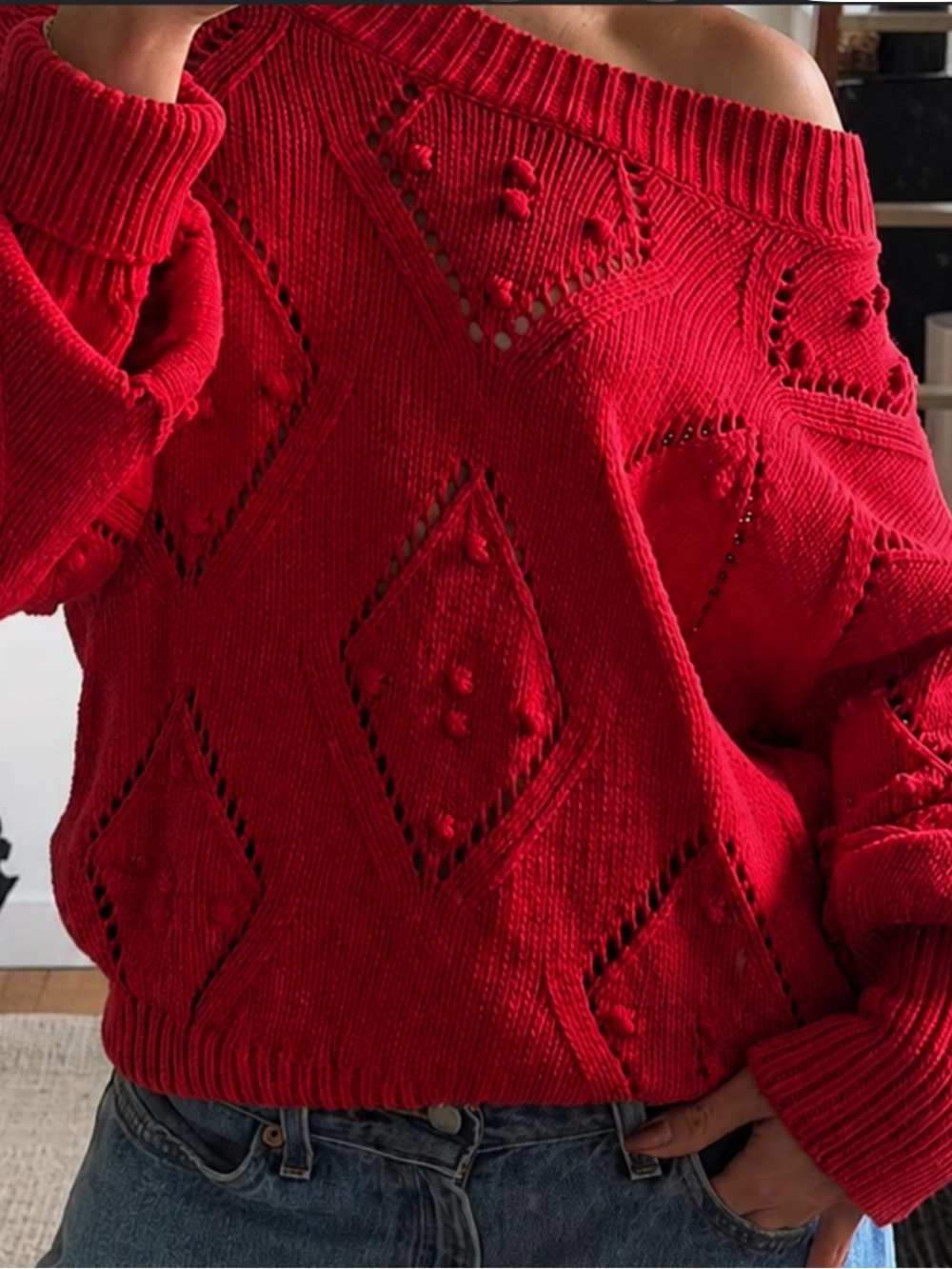 LOFT Red Women’s Diamond Knit Cozy Sweater Size Large - Picture 8 of 8